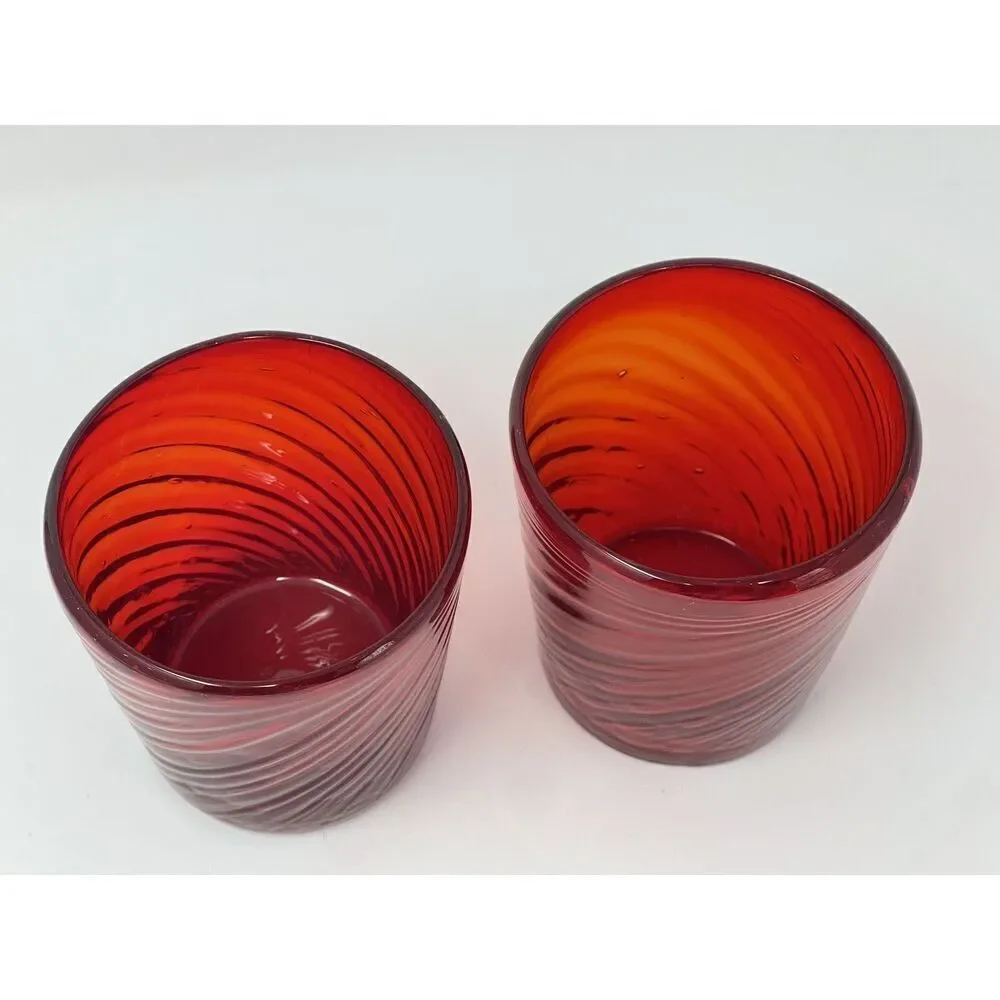 Handblown VALENCIA Garnet Ruby Red Optic Twist Tumbler Glasses 3.75” Set Of 2